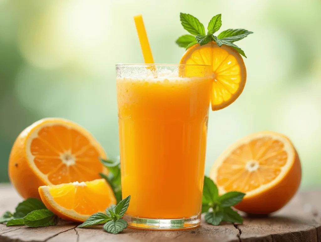 Healthy orange smoothie with orange slices and fresh mint on a rustic table