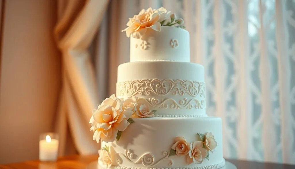 A beautifully designed white wedding cake, adorned with intricate floral decorations, stands elegantly on a wooden surface. The cake is illuminated by soft, warm lighting, creating a serene and romantic ambiance. The foreground features delicate sugar flowers, meticulously crafted with attention to detail, cascading down the tiers. The middle ground showcases ornate piping and patterns, adding depth and texture to the cake's design. In the background, a subtle backdrop of elegant drapery or lace complements the overall aesthetic, creating a visually captivating and visually striking image.