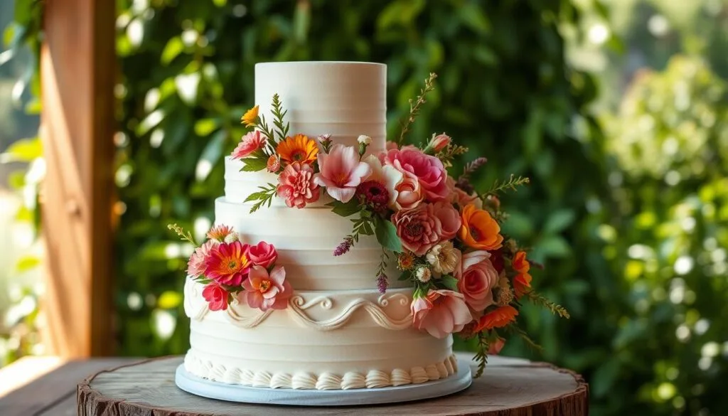 A beautifully layered wedding cake adorned with seasonal floral accents sits on a rustic wooden table, bathed in soft, natural lighting. The foreground features intricate piping and delicate sugar flowers in vibrant hues, complementing the muted tones of the cake's smooth, fondant-covered tiers. The middle ground showcases a cascading arrangement of fresh, fragrant blooms in a variety of textures and shapes, lending an organic, garden-inspired feel. In the background, a lush, verdant foliage backdrop enhances the serene, pastoral atmosphere, creating a stunning and inspirational seasonal wedding cake design.