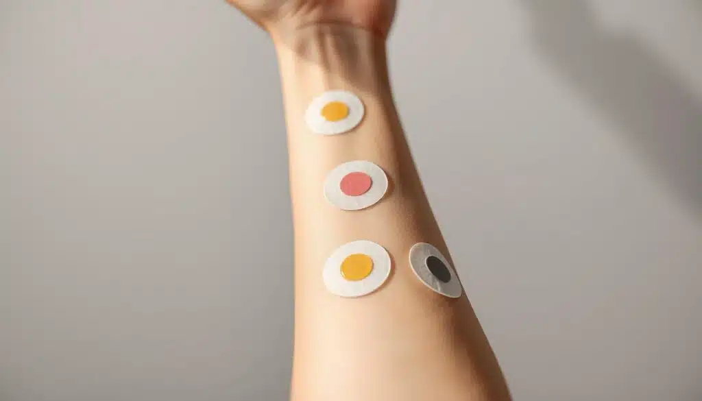 A close-up photograph of a human forearm with several circular skin patches on it, each with a different essential oil in the center. The patches are arranged neatly on the skin, with a clean and minimalist background. The lighting is soft and diffused, creating gentle shadows that accentuate the texture of the skin. The focus is sharp, capturing the intricate details of the skin and the oil patches. The overall mood is clinical, yet inviting, conveying the purpose of the image as a visual aid for a skin patch test.