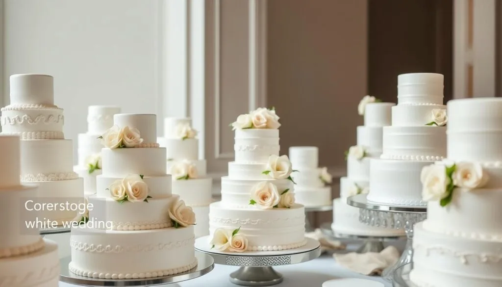 A meticulously crafted white wedding cake selection guide, shot in natural light with a soft, diffused focus. The foreground showcases an elegant arrangement of various tiered cakes, each with intricate piping, delicate sugar flowers, and a polished fondant finish. The middle ground features a clean, minimalist background, allowing the cakes to take center stage. The overall mood is one of refined sophistication, capturing the essence of the perfect white wedding cake.