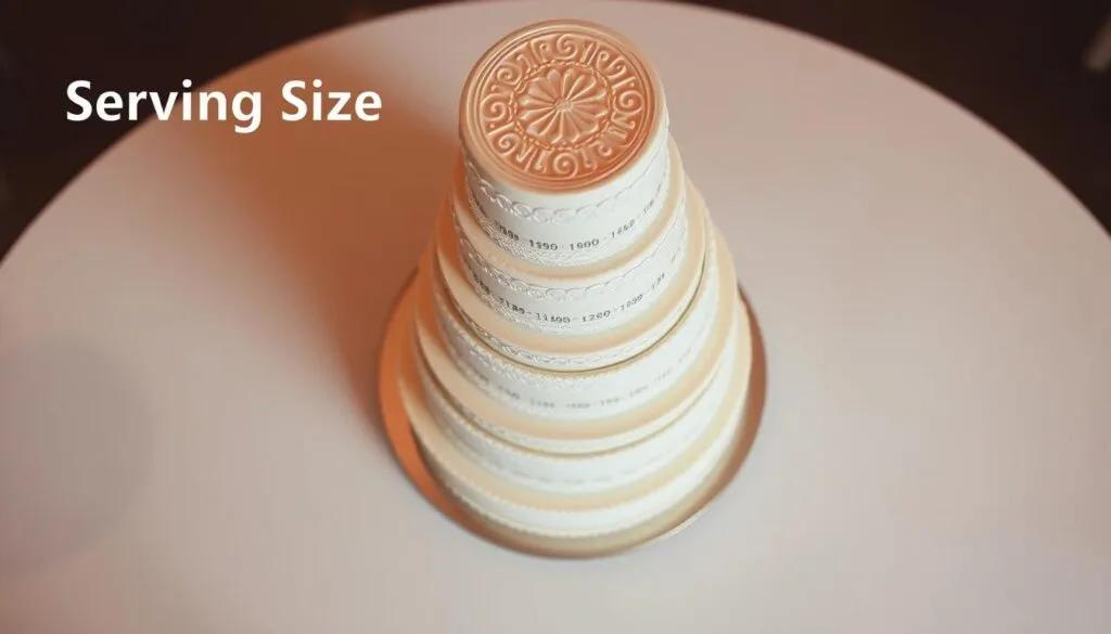 A neatly arranged wedding cake with various serving size indicators, shot from an overhead angle using a wide-angle lens in warm, soft lighting. The cake has multiple tiers with intricate decorative patterns, standing on a clean, minimalist white surface. The focus is on the serving size guide, which uses simple, easy-to-understand infographics to convey the number of servings per tier, allowing the viewer to quickly assess the appropriate cake size for their event. The overall mood is informative yet visually appealing, reflecting the practical nature of the content while maintaining a sophisticated, wedding-inspired aesthetic.