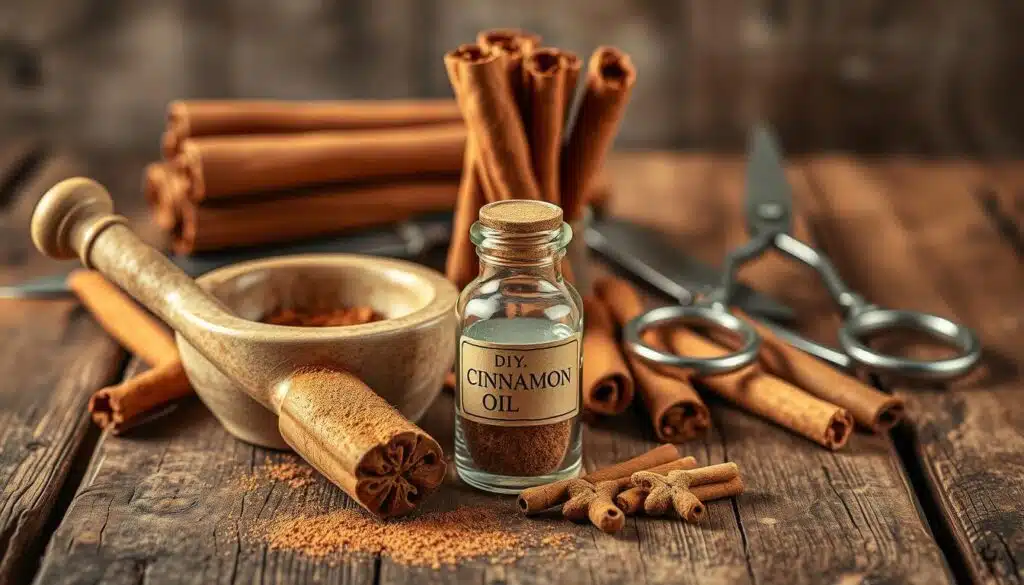A rustic wooden table, its surface weathered and worn, holds an assortment of cinnamon-related tools. In the foreground, a mortar and pestle with a dusting of cinnamon bark sits next to a small glass bottle, its label promising the essence of this aromatic spice. Behind them, a sharp knife and a pair of sturdy scissors gleam, ready to harvest the precious bark. In the middle ground, a bundle of freshly peeled cinnamon sticks stands upright, their rich brown hues complementing the warm, earthy tones of the scene. The background is softly blurred, allowing the essential tools to take center stage, bathed in a gentle, natural light that highlights their functional beauty. The overall mood is one of homespun craftsmanship and the alluring scent of DIY cinnamon oil.