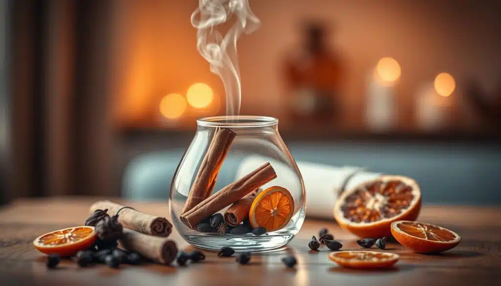 Elegant glass essential oil diffuser set, filled with cinnamon sticks, whole cloves, and dried orange slices, placed on a wooden table. Soft, warm lighting illuminates the diffuser, casting a cozy glow. Wisps of aromatic steam gently rise, creating a serene, comforting atmosphere. The composition is balanced, with the diffuser as the focal point, surrounded by natural elements that complement the cinnamon-based theme. Shallow depth of field blurs the background, emphasizing the centerpiece. Muted, earthy tones predominate, evoking feelings of relaxation and well-being.
