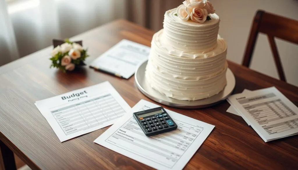 wedding cake with budget planning documents, calculator, and planning materials on a wooden table, warm lighting, shallow depth of field, minimalist and clean composition