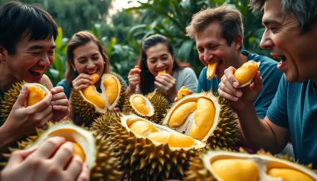 Durian Fruit Enthusiasts Enjoying Custard-like Texture Durian Fruit Enthusiasts Enjoying Custard-like Texture