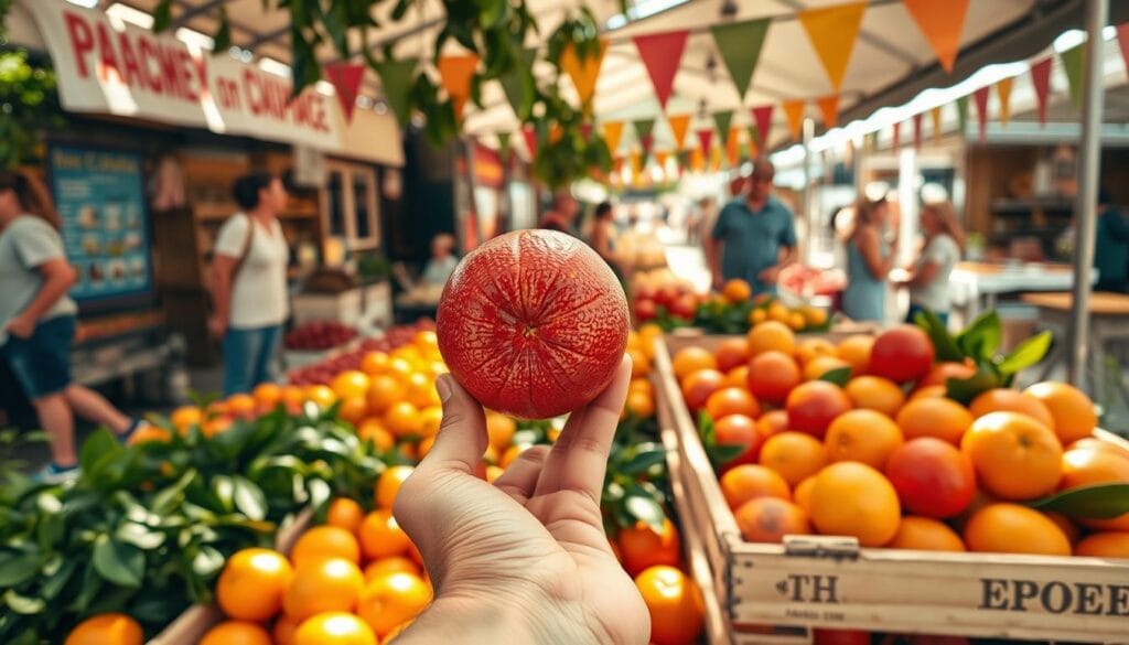 Selecting blood oranges at the farmers market Selecting blood oranges at the farmers market