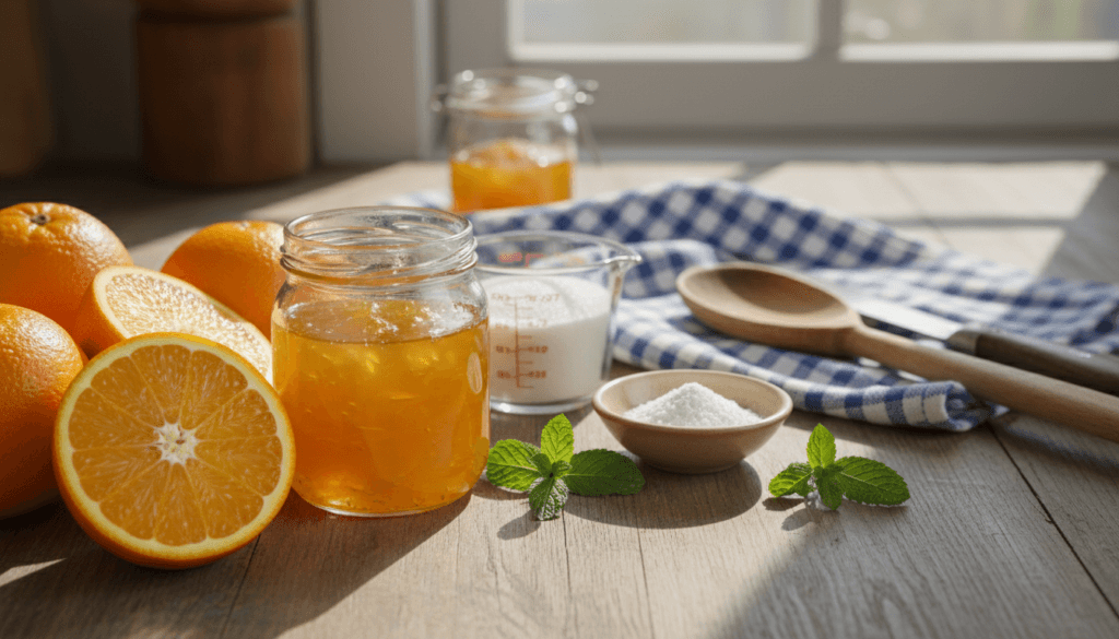 A beautifully arranged collection of ingredients for a classic homemade orange jelly recipe, laid out on a rustic wooden kitchen countertop. In the foreground, vibrant, fresh oranges—some halved to reveal their juicy inner segments—lie next to a glass jar filled with shimmering orange jelly. A measuring cup containing granulated sugar, a small bowl of pectin, and a few sprigs of mint add color and freshness. In the middle ground, an old-fashioned wooden spoon and a vintage knife sit atop a charming kitchen towel, hinting at the preparation process. Soft natural light pours in from a window, casting gentle shadows, creating a warm and inviting atmosphere reminiscent of a cozy home kitchen. The composition is well-balanced, emphasizing the bright, cheerful palette of oranges and the glistening jelly.