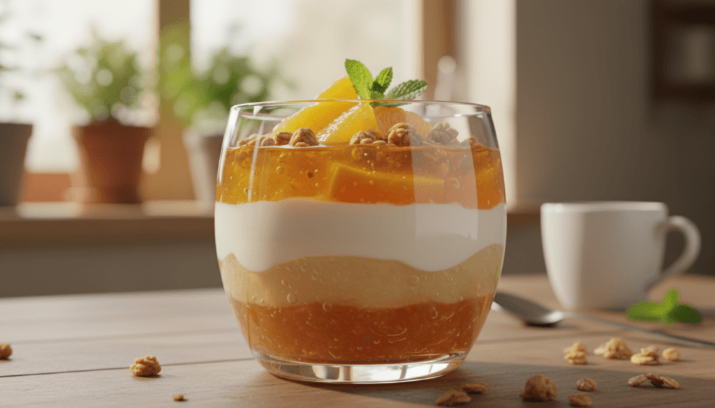 A beautifully arranged orange jelly breakfast parfait sits invitingly in a clear glass bowl, showcasing multiple layers of vibrant orange jelly and creamy yogurt. In the foreground, the parfait is adorned with fresh orange slices and a sprinkle of granola on top, adding texture and contrast. The middle layer features a smooth vanilla yogurt that complements the jelly’s brightness, while the bottom layer reveals a soft, light orange jelly glistening in the soft morning light. The background is softly blurred, suggesting a cozy kitchen atmosphere with gentle hues of sunlight streaming in. Capture this scene from a slightly elevated angle to emphasize the parfait's colorful layers, evoking a warm and inviting mood, perfect for a cheerful breakfast experience.