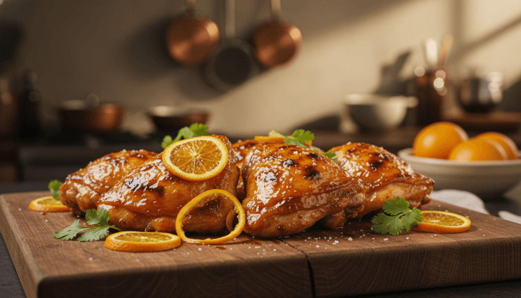 A beautifully plated dish of orange glazed chicken thighs, showcasing a glossy caramelized coating that glistens in the light. The chicken thighs are arranged on a rustic wooden serving board, garnished with bright green herbs like cilantro and thin slices of fresh orange for a pop of color. The background features a softly blurred kitchen setting with warm, ambient lighting, creating a cozy atmosphere. The focus should be on the delicious glaze and the texture of the meat, captured from a slightly elevated angle to highlight the dish's details. The image should evoke a sense of warmth and home-cooked comfort, inviting the viewer to try this mouthwatering recipe.