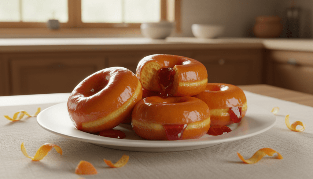 A close-up composition of orange jelly donuts with a glossy glaze, arranged elegantly on a white porcelain plate. The donuts should have a bright, vibrant orange hue, with the jelly slightly oozing from the center, showcasing a luscious filling. The glossy glaze reflects soft, natural light, creating a tempting shine. Surrounding the plate, scattered orange zest adds a pop of color against a light, neutral tablecloth, enhancing the overall aesthetic. In the background, a warm, sunlit kitchen setting softly blurs, suggesting a cozy and inviting atmosphere. The scene captures a mouthwatering and delicious feel, enticing viewers to want to taste these delightful treats.