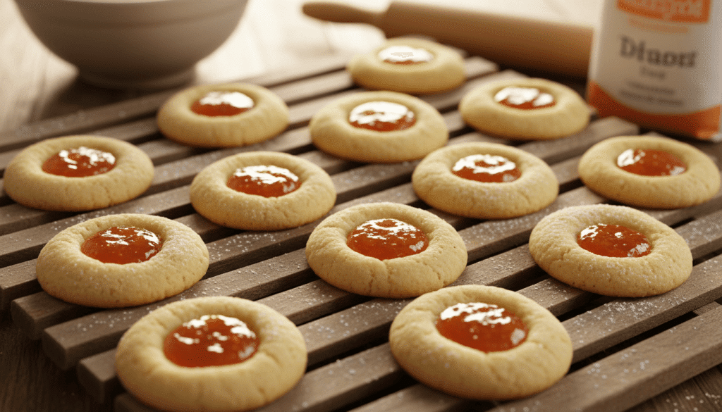 A rustic wooden cooling rack displaying a batch of freshly baked orange jelly thumbprint cookies, perfectly round with a slight golden-brown edge and a glossy orange jelly center that glistens in the light. The cookies are arranged artfully, some featuring a sprinkle of powdered sugar on top, while others showcase their vibrant jelly filling. In the background, a softly blurred kitchen setting is visible, with warm, ambient lighting creating a cozy atmosphere. The focus is sharp on the cookies, captured from a slight overhead angle to emphasize their shapes and textures. The mood is inviting and homey, perfect for a baking enthusiast's article.